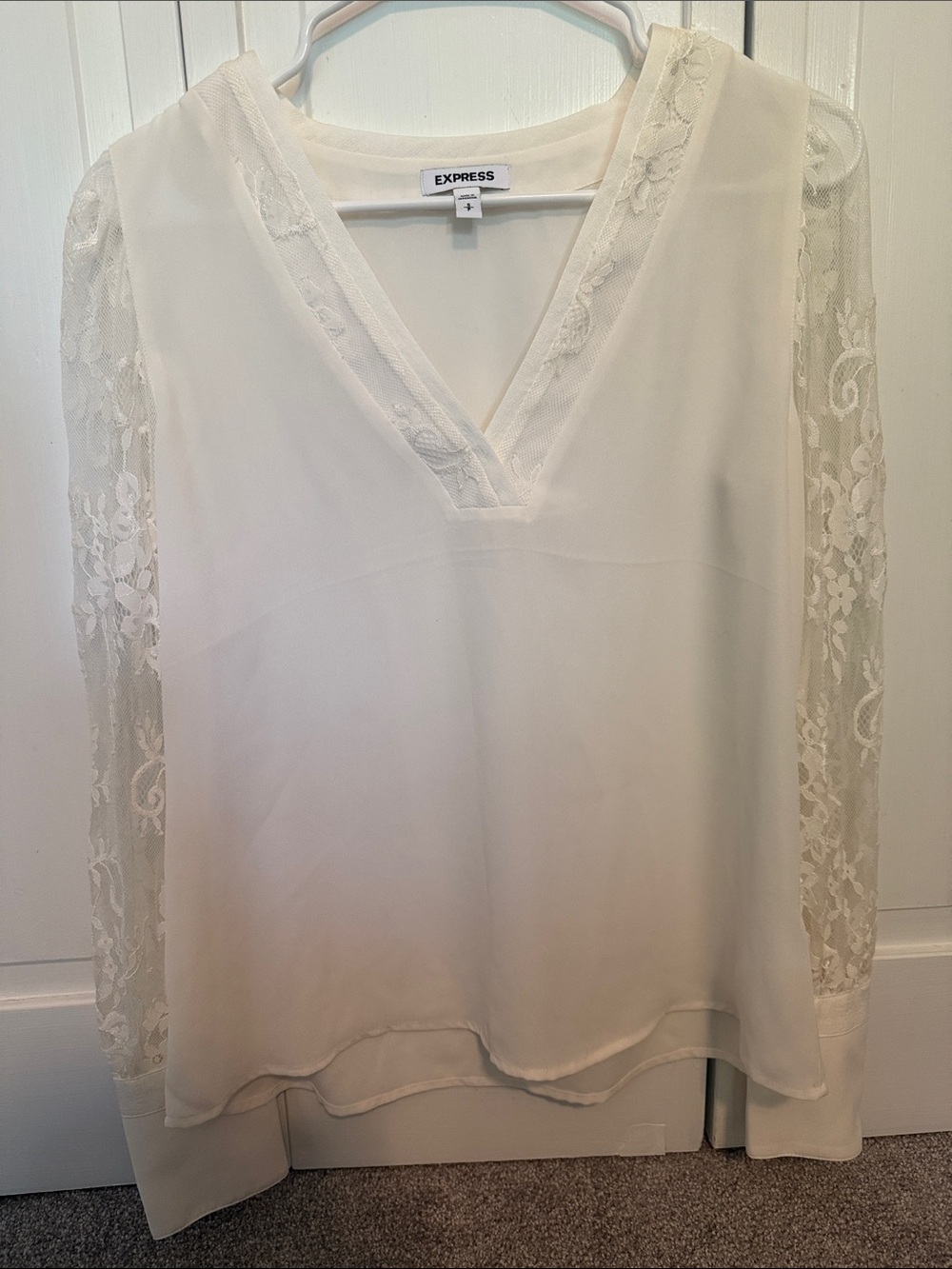 Express Cream V-Neck Blouse with Lace Sleeves